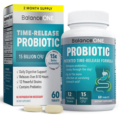Balance ONE Time Release Probiotic – 15 Billion CFU – 12 Strains Including L. Plantarum – 15x More Survival Than Capsules – Bloating & Gas Relief – Gut & Digestive Health for Women & Men – 60 Tablets Balance ONEBuy Supplements Australia