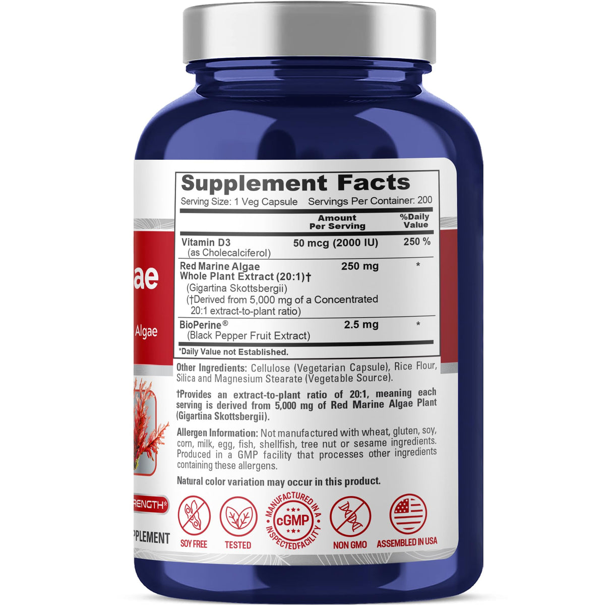 NusaPure Red Marine Algae 20:1 Extract, 250 mg Equivalent to 5,000 mg 200 Veggie Capsules (Non-GMO & Soy Free) Bioperine NusaPureBuy Supplements Australia