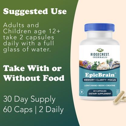 RidgeCrest Herbals EpicBrain, Natural Brain Support Supplement with Creatine Monohydrate, Lion's Mane, Reishi, Supports Mental Clarity, Memory, Focus, Stimulant-Free Nootropic (60 Count, 30 Servings) RidgeCrest HerbalsBuy Supplements Australia