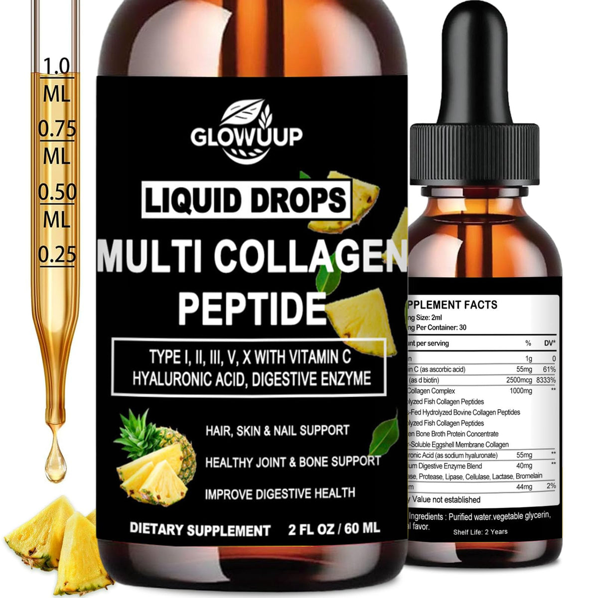 Multi Collagen Peptides Liquid Drops for Women & Men-Type I, II, III, V, X丨Hydrolyzed Collagen Peptides, Collagen Proteins W. Hyaluronic Acid, Biotin & Vitamin C for Hair Skin & Joint Gut Health GLOVVUUPBuy Supplements Australia