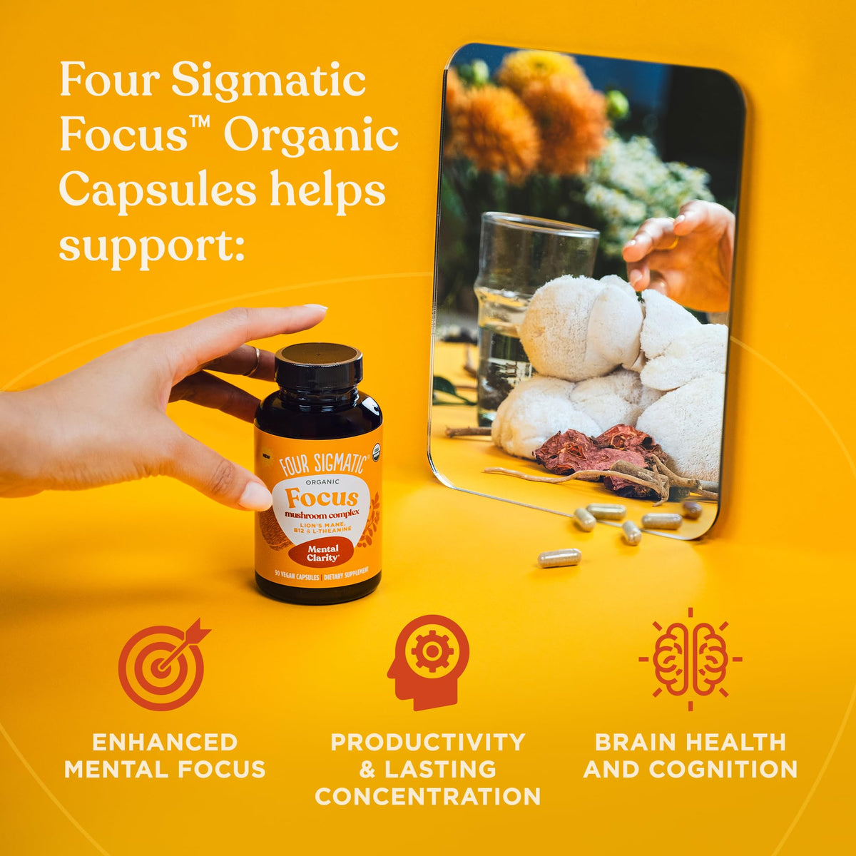 Four Sigmatic Focus Capsules | Lion's Mane Supplement Capsules | Brain Boosting Complex with Ashwagandha, Bacopa Monnieri & Rhodiola | Vegan Nootropic Adaptogen & Mushroom Supplement | 30 Servings Four SigmaticBuy Supplements Australia