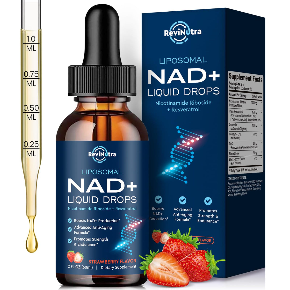 Revinutra Liposomal NAD+ Liquid Drops with dropper and packaging on a white background