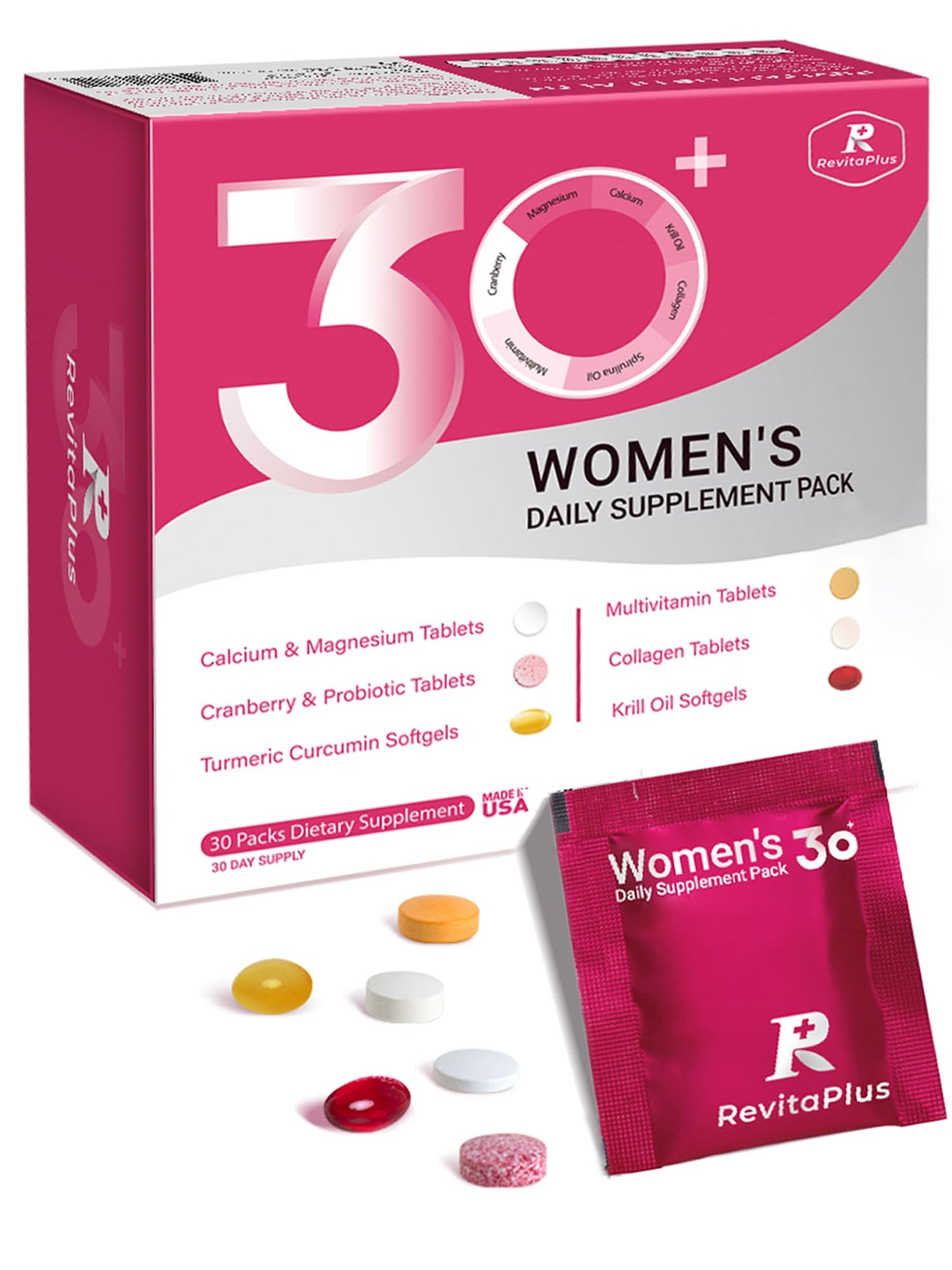 RevitaPlus Multivitamin for Women with Vitamin A,B,C,D3,E,K2,Biotin, Collagen,Krill Oil,Cranberries Supports Energy,Wellness,Beauty and Immune - Vitamin Packs for Women Health 30 Packs RevitaPlusBuy Supplements Australia
