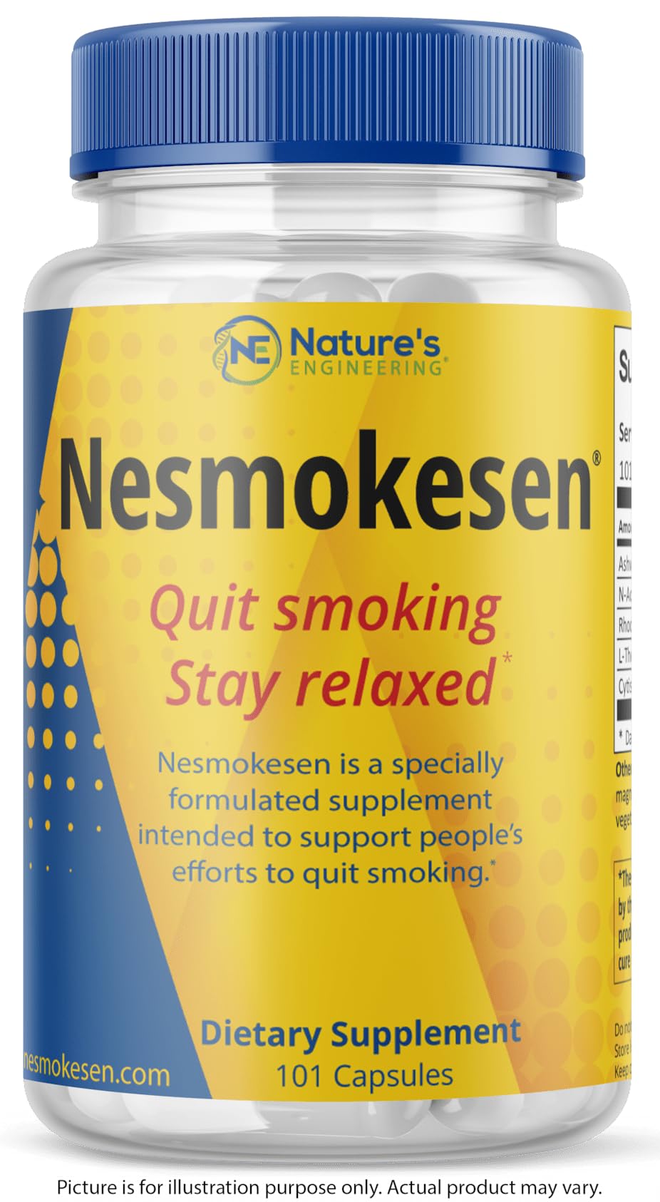 Nesmokesen dietary supplement bottle with blue and yellow label