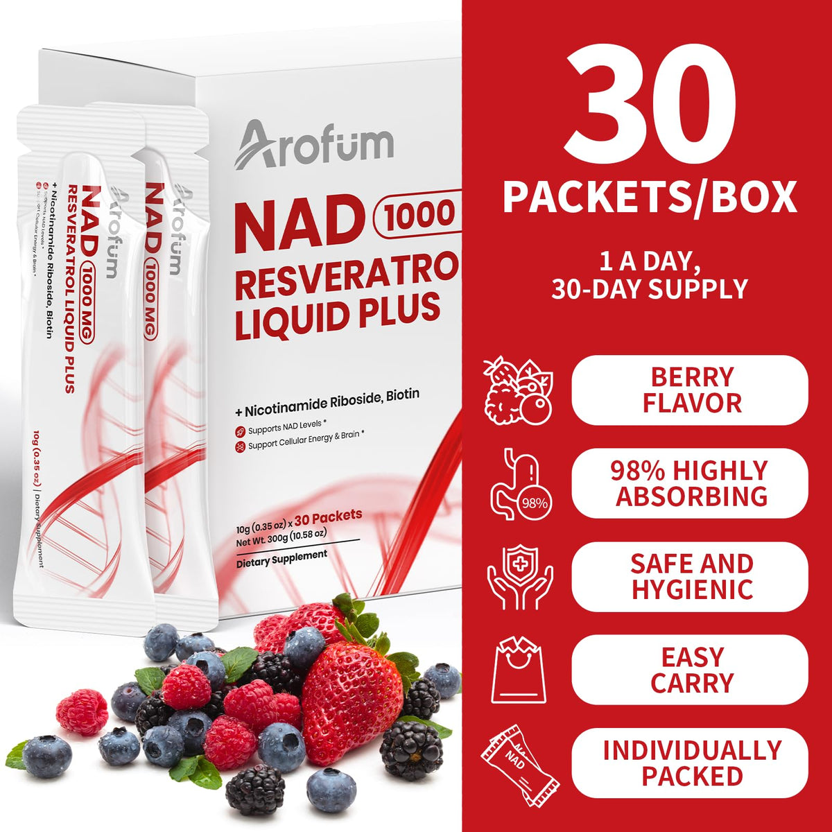 Arofum NAD+ Liquid Supplement 1000mg | 850mg Nicotinamide Riboside with Resveratrol, Quercetin, CoQ10 & Biotin | Cellular Energy, DNA Repair, Healthy Aging | NAD Supplements for Women & Men 30 Packets ArofumBuy Supplements Australia