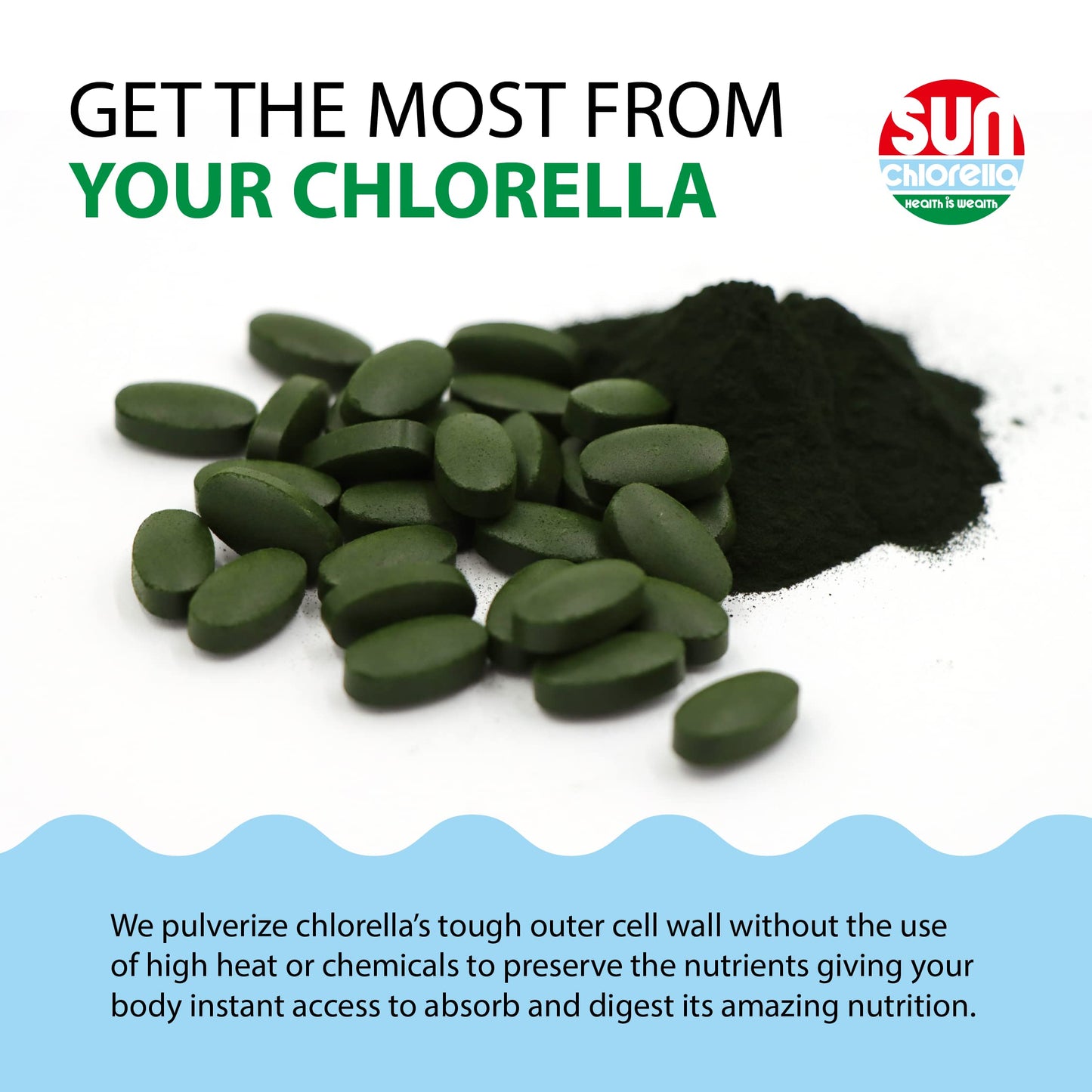 Sun Chlorella 500mg Whole Body Wellness Green Algae Superfood Supplement - Immune Defense, Gut Health, Natural Purification, Energy Boost