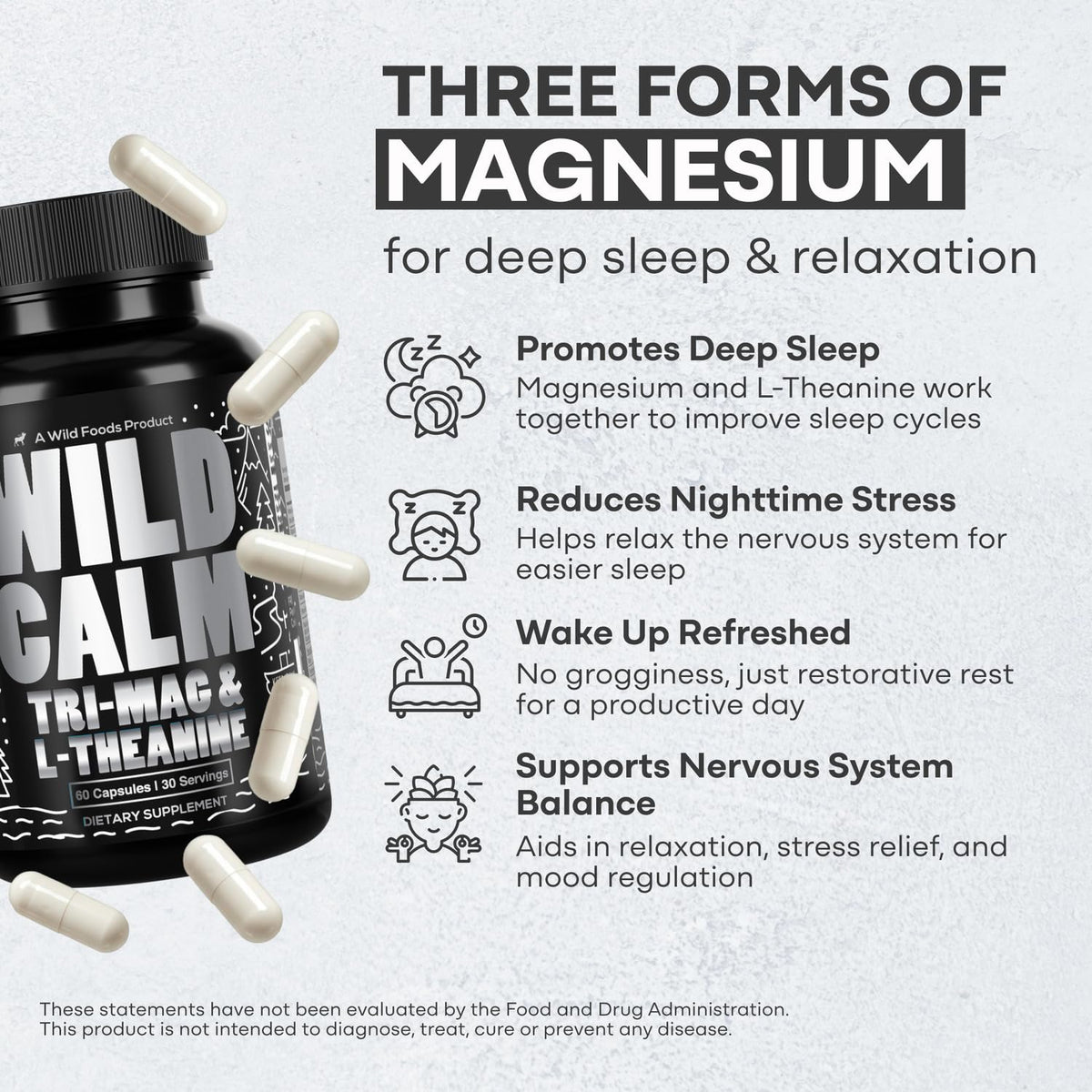 Wild Foods Tri-Mag & L-Theanine – Triple Magnesium Complex for Sleep w/L Theanine – Magnesium Glycinate, Malate, Taurate – 100% Natural – 60 Capsules Wild FoodsBuy Supplements Australia