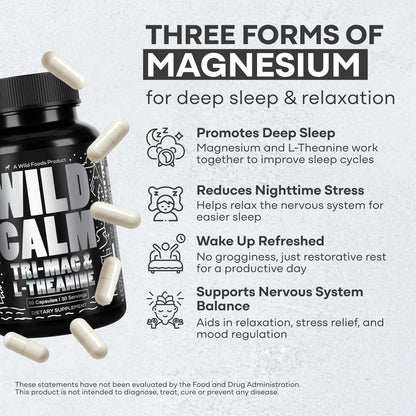 Wild Foods Tri-Mag & L-Theanine – Triple Magnesium Complex for Sleep w/L Theanine – Magnesium Glycinate, Malate, Taurate – 100% Natural – 60 Capsules Wild FoodsBuy Supplements Australia