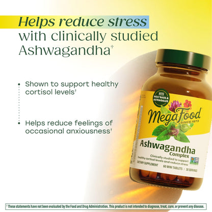 MegaFood Ashwagandha Complex (Formerly Stress Protect) - Ashwagandha Supplements Astragalus Root & Holy Basil - Vegetarian, Gluten Free, Cortisol Supplement - 60 Mini Tablets, 30 Servings MegaFoodBuy Supplements Australia
