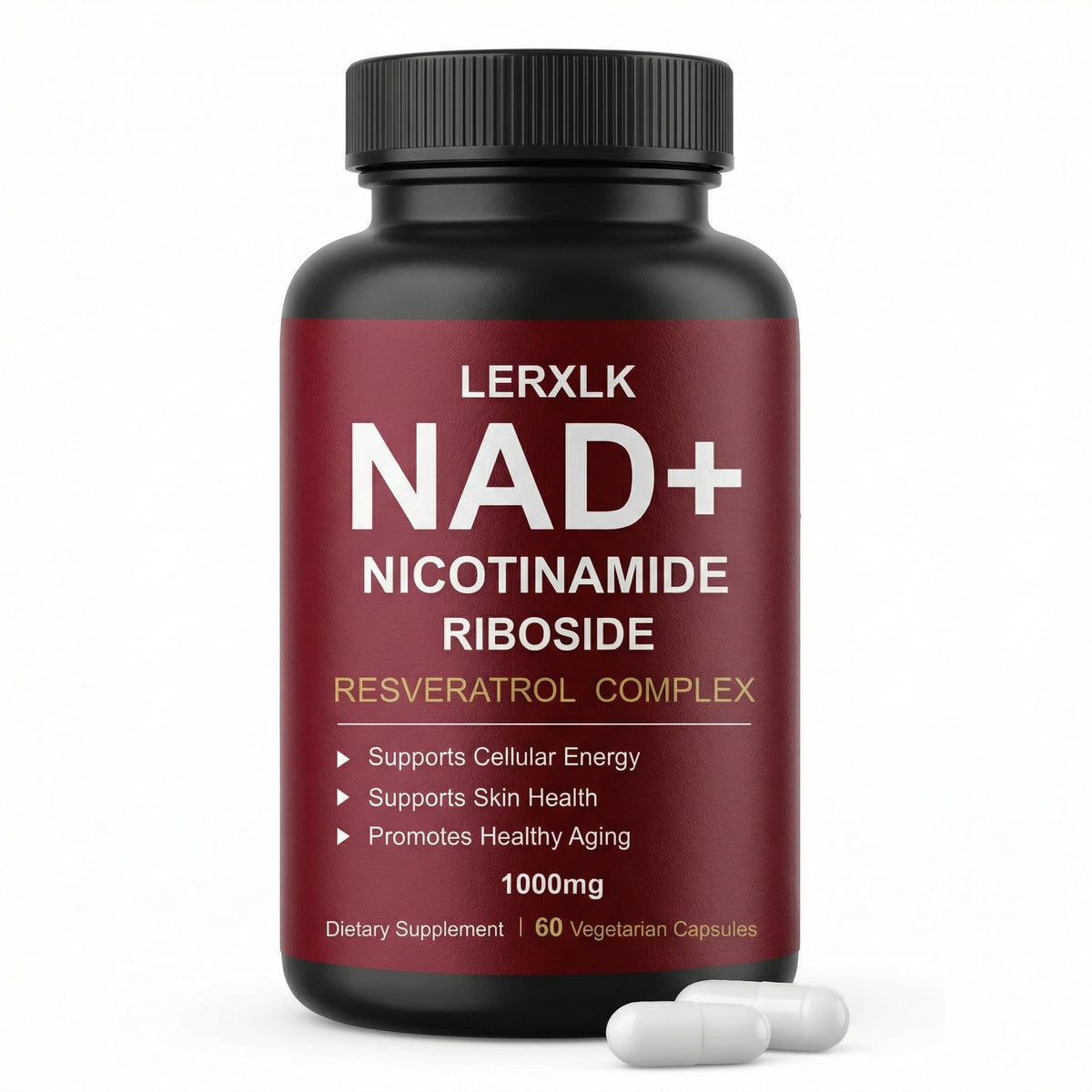 Supplement bottle labeled 'LERXLK NAD+ Nicotinamide Riboside' on a white background