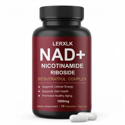 Supplement bottle labeled 'LERXLK NAD+ Nicotinamide Riboside' on a white background