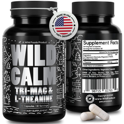 Wild Foods Tri-Mag & L-Theanine – Triple Magnesium Complex for Sleep w/L Theanine – Magnesium Glycinate, Malate, Taurate – 100% Natural – 60 Capsules Wild FoodsBuy Supplements Australia