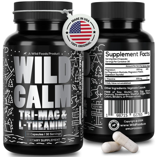 Wild Foods Tri-Mag & L-Theanine – Triple Magnesium Complex for Sleep w/L Theanine – Magnesium Glycinate, Malate, Taurate – 100% Natural – 60 Capsules Wild FoodsBuy Supplements Australia