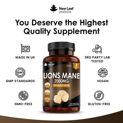 Lions Mane Mushroom Extract Supplement 2000mg - 180 High Strength Vegan Tablets NEW LEAF PRODUCTSBuy Supplements Australia
