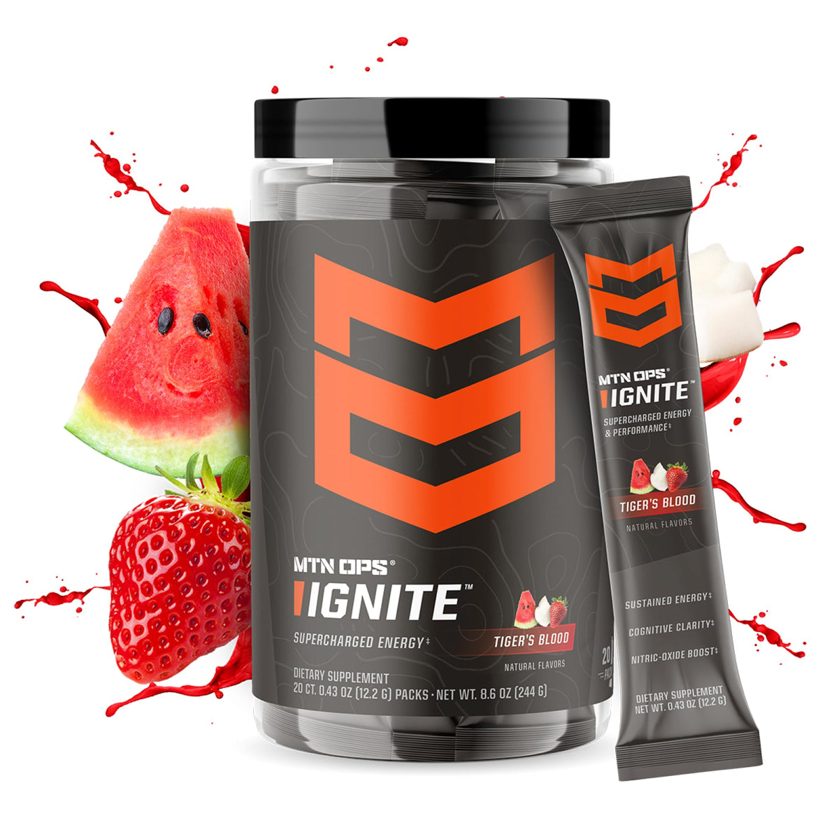 MTN OPS Ignite Trail Packs Energy Drink Powder, Gluten Free Nootropic Supplement Drink Mix, L Arginine, L Citrulline, Caffeine & Nootropic Sugar Free Drink Mix, 20 Servings, Tiger's Blood MTN OPSBuy Supplements Australia