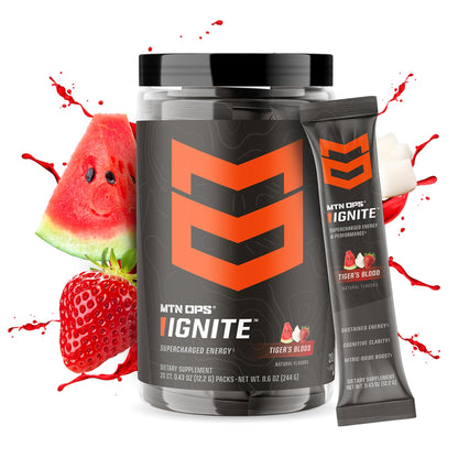 MTN OPS Ignite Trail Packs Energy Drink Powder, Gluten Free Nootropic Supplement Drink Mix, L Arginine, L Citrulline, Caffeine & Nootropic Sugar Free Drink Mix, 20 Servings, Tiger's Blood MTN OPSBuy Supplements Australia