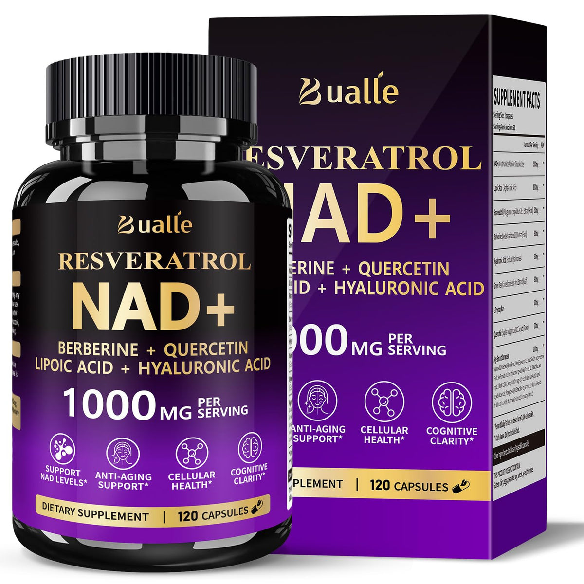 Bualle NAD Supplement, Liposomal NAD Resveratrol Supplement Contains Berberine, Alpha Lipoic Acid,Hyaluronic Acid & Quercetin - Joint Function& Support Anti-Aging,NMN Alternative -120 Capsules BualleBuy Supplements Australia