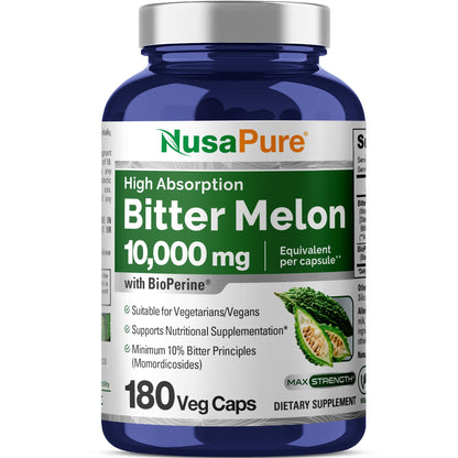 NusaPure Bitter Melon Extract 10,000 mg 180 Vegan Caps (100% Vegetarian, Non-GMO, Gluten-Free, 10% Bitter Principles) Bioperine NusaPureBuy Supplements Australia