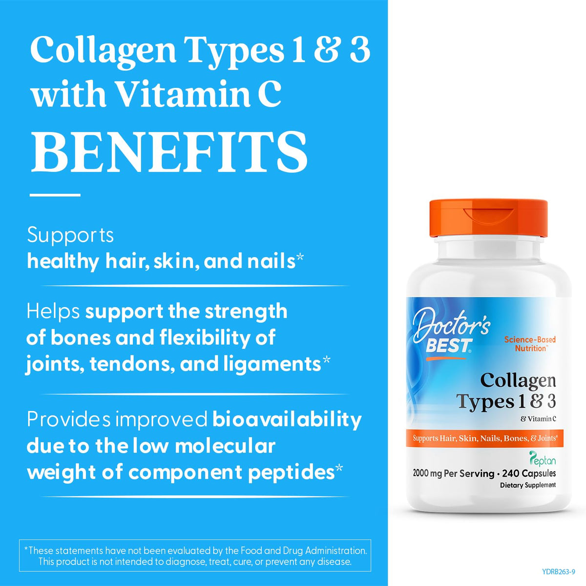 Doctor's Best Collagen Types 1 & 3 with Vitamin C, Non-GMO, Gluten Free, Soy Free, Supports Hair, Skin, Nails, Tendons & Bones, 500 mg, 240 Caps (DRB-00263) Doctor's BESTBuy Supplements Australia