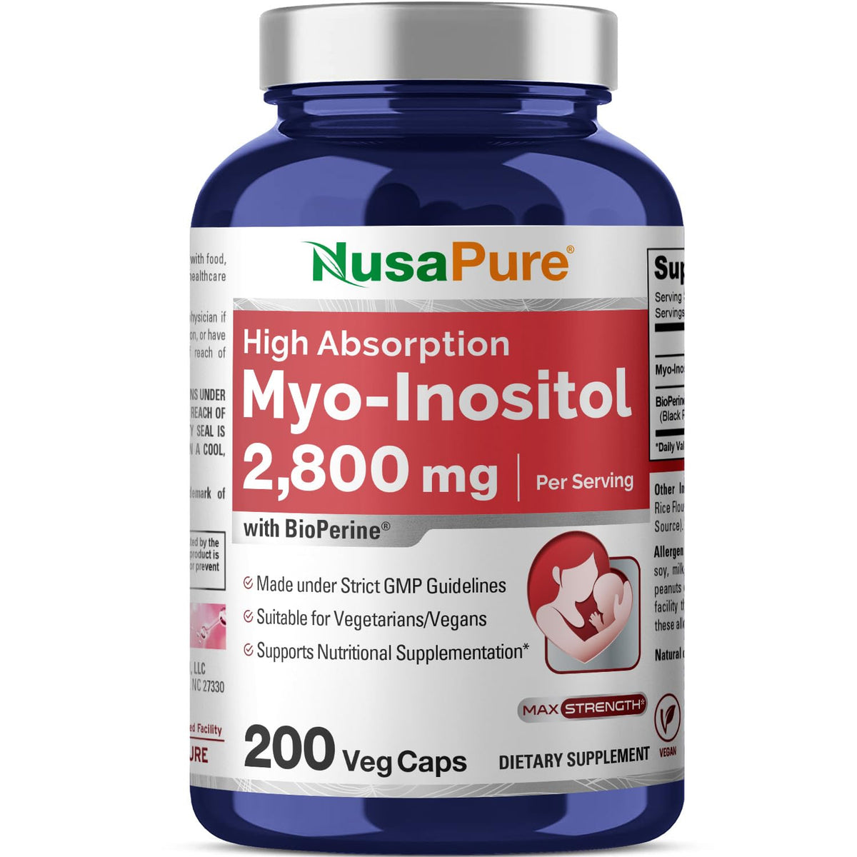 NusaPure Myo-Inositol - Suitable for Vegetarian/Vegan, Non - GMO - 2800mg, 200 Capsules NusaPureBuy Supplements Australia