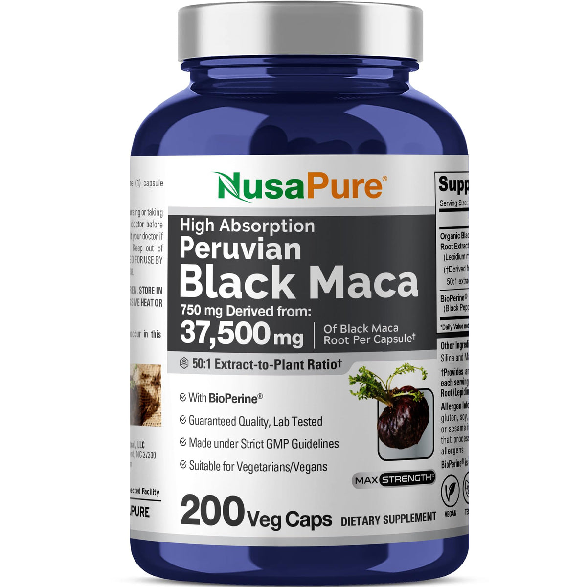 NusaPure Peruvian Black Maca Root Extract 50:1 - Suitable for Vegetarian/Vegan, Non - GMO - 37500 mg - 200 Capsules NusaPureBuy Supplements Australia