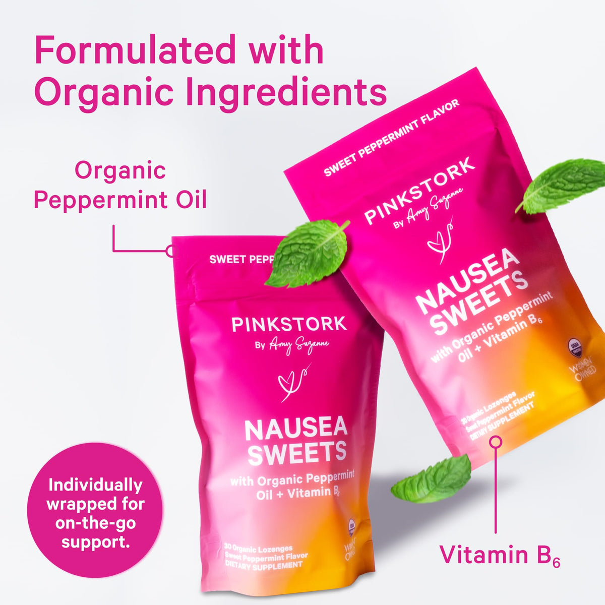 Pink Stork Mood and Stomach Relief Bundle - Magnesium Glycinate and Organic Peppermint Sweets for Morning Sickness and Motion Sickness, Mood Support Pink StorkBuy Supplements Australia
