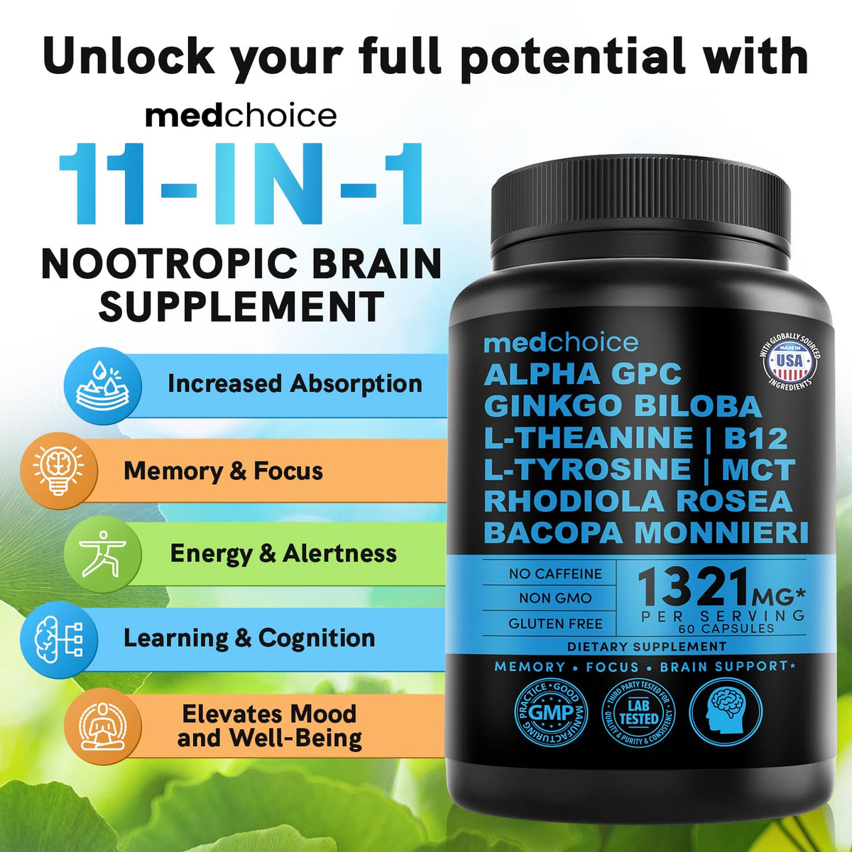 12-in-1 Nootropic Brain Supplement Anhydrous: Ginkgo Biloba for Brain Support, Memory and Focus - B12, Alpha GPC, L Theanine and Choline Supplements with Bioperine Non Caffeinated 1321mg (60ct) MEDCHOICEBuy Supplements Australia