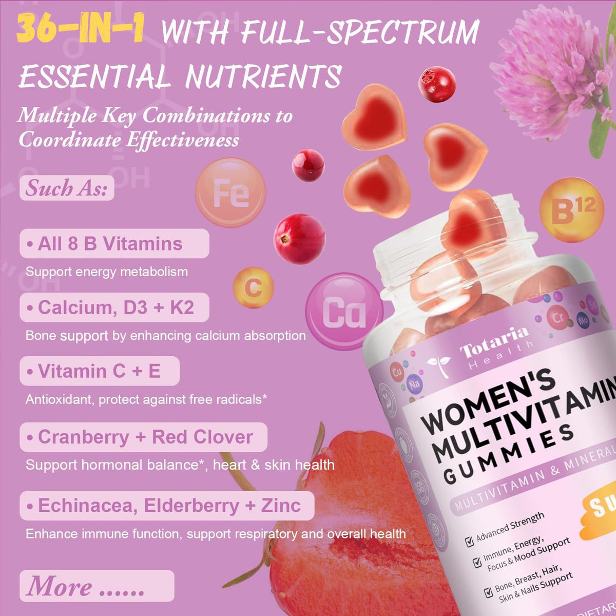 Totaria Sugar Free Multivitamin Gummies for Women 14+ w/Iron, Inositol, Folate, Biotin, Womens Daily Multivitamin Gummy w/Vitamin A, C, B, D3, K2 TotariaBuy Supplements Australia