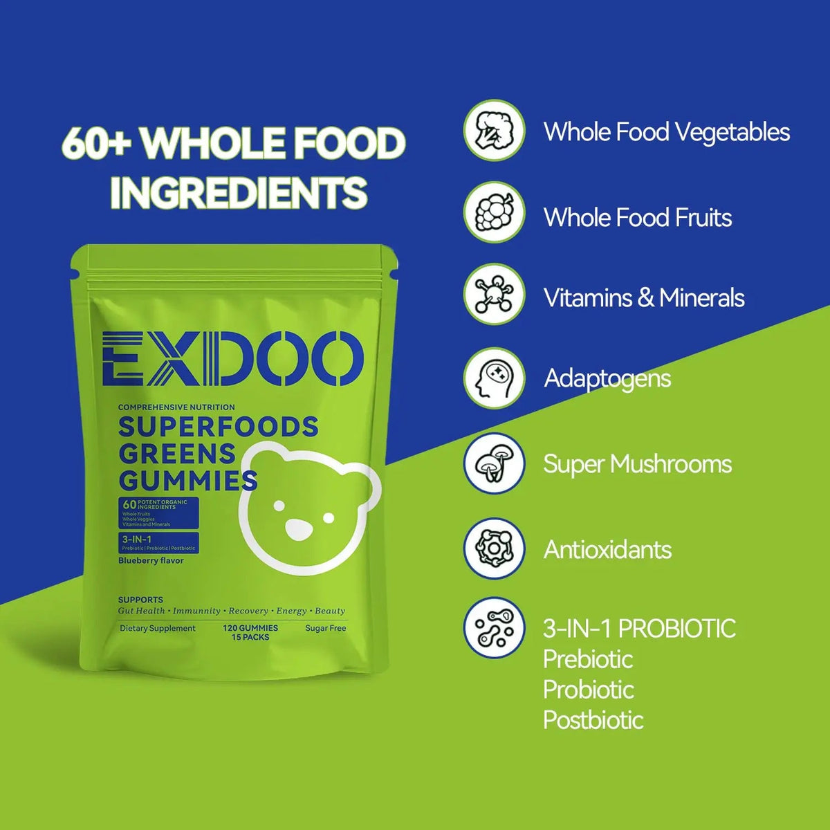 exdoo Super Greens Fiber Gummies Multivitamin Superfood Gummy with Spirulina Chlorella Prebiotic Probiotic Postbiotic for Digestive Health Supplement 15 Packs 120 Gummies exdooBuy Supplements Australia