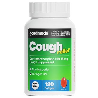 GoodMeds Cough Relief for Adults Softgels Dextromethorphan HBr (DXM) 15mg 8Hour, Non-Drowsy, Long-Lasting Bronchial Suppressant for Dry Cough and Chest Congestion (120 Count) GoodMeds buy supplements Au