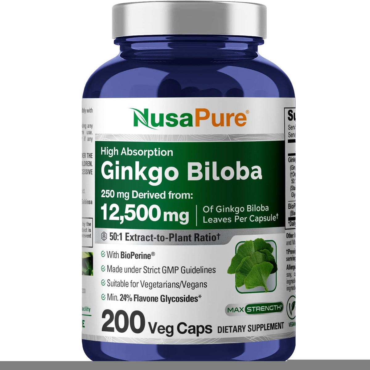 NusaPure Ginkgo Biloba 50:1 Extract, 250 mg Equivalent to 12,500 mg per Veggie Caps 200 Capsules (Vegetarian, Non-GMO, Vegan) Bioperine NusaPureBuy Supplements Australia