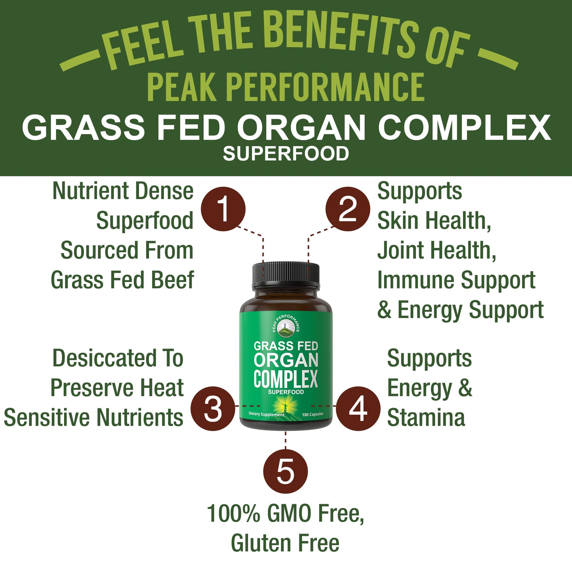 Peak Performance Grass Fed Beef Organ Complex from New Zealand (180 Capsules) Desiccated Organs Superfood Pills. GrassFed Beef Liver Capsules with Heart, Kidney, Pancreas, Spleen. Supplement Peak PerformanceBuy Supplements Australia