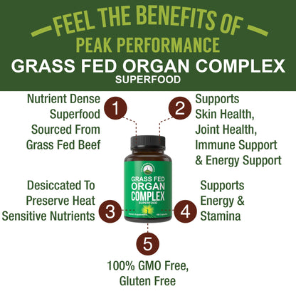 Peak Performance Grass Fed Beef Organ Complex from New Zealand (180 Capsules) Desiccated Organs Superfood Pills. GrassFed Beef Liver Capsules with Heart, Kidney, Pancreas, Spleen. Supplement Peak PerformanceBuy Supplements Australia