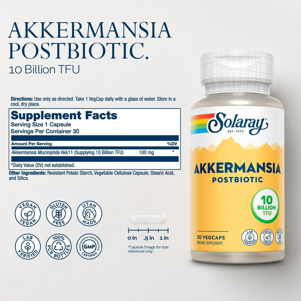 SOLARAY Akkermansia Postbiotic, Akk11, 10 Billion TFU, Beneficial Strain for Gut Health Support, Vegan, Gluten-Free, 60-Day Guarantee, 30 Servings, 30 VegCaps SOLARAYBuy Supplements Australia