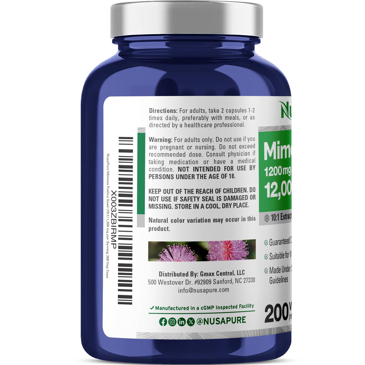 NusaPure Mimosa Pudica Seed 10:1 Extract, 1200 mg Equivalent to 12,000 mg 200 Veg Capsules (Non-GMO, Vegan) NusaPureBuy Supplements Australia