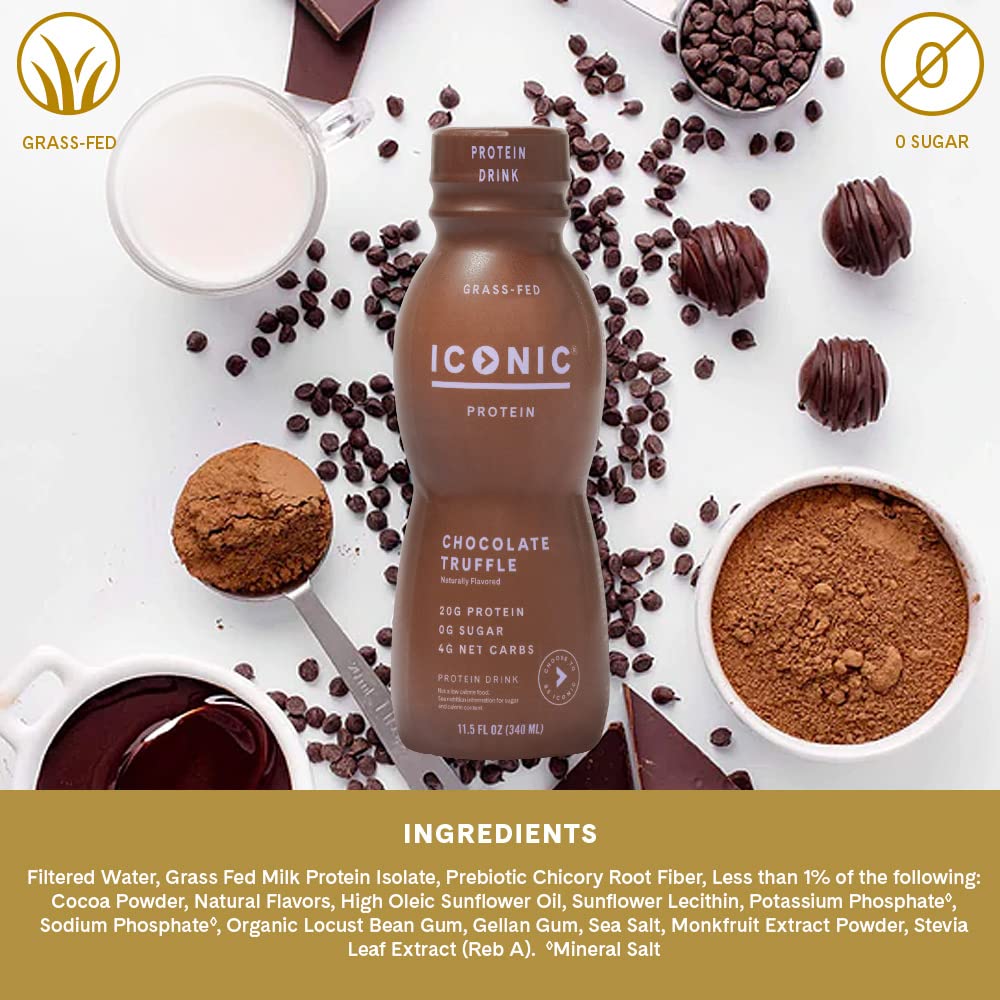 Iconic Protein Drinks, Chocolate Truffle (12 Pack) - Sugar Free & Low Carb - 20g Grass Fed Protein - Lactose Free, Gluten Free, Non-GMO, Kosher - Keto Friendly Protein Shakes ICONIC buy supplements Au