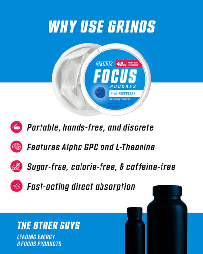 GRINDS Focus Pouches - Naturally Flavored with Nootropic Ingredients - Contains Alpha GPC and L-Theanine - Nicotine-Free, Sugar-Free - 3 Pack, 18 Pouches Per Can - Blue Raspberry GRINDSBuy Supplements Australia