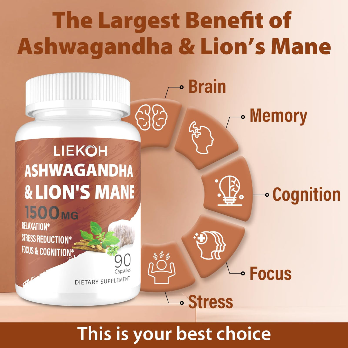 Liekoh Ashwagandha & Lions Mane Supplement Capsules, Brain Supplements for Memory and Focus, Ashwagandha Supplement with Rhodiola & Black Peppe, Cortisol Supplements for Women & Men,90 Caps LiekohBuy Supplements Australia
