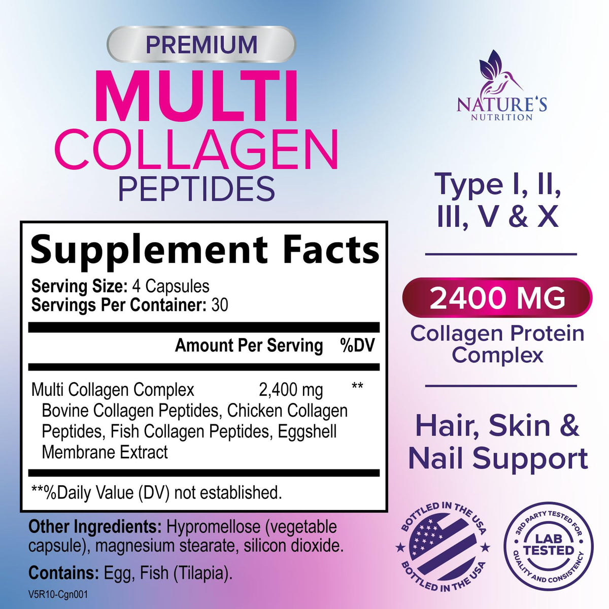 Multi Collagen Pills 2400 mg - Advanced Types I, II, III, V, X - Hydrolyzed Multi Collagen Peptides Pills, Collagen Supplements for Women & Men - Hair, Skin, & Nail Support Supplement - 120 Capsules Nature's NutritionBuy Supplements Australia