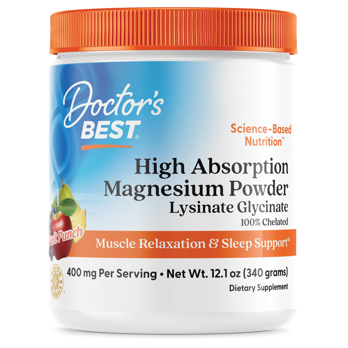 Doctors Best High Absorption Magnesium Powder Lysinate Glycinate 100% Chelated, Muscle Relaxation & Sleep Support, Gluten Free, Vegan, 100% Chelated Net Wt. 12.1 oz (340 Grams), Fruit Punch Flavor Doctor's BESTBuy Supplements Australia