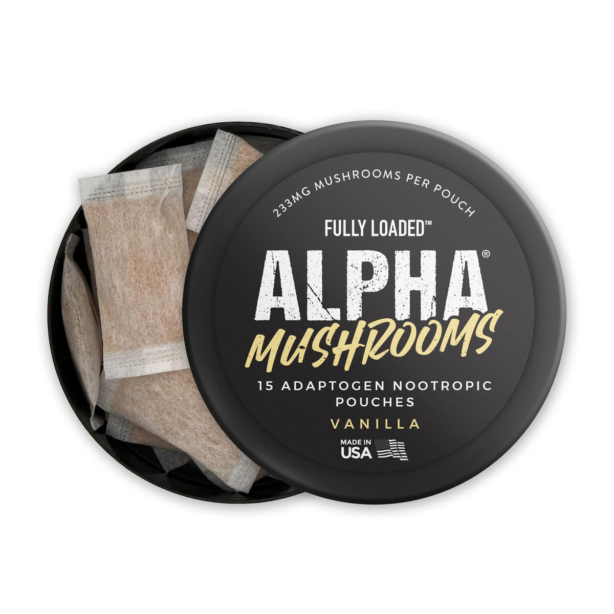 Fully Loaded Alpha Mushroom Pouches - Adaptogen Nootropic Pouches (5-Pack, Vanilla) - Lion's Mane, Cordyceps, & Chaga - 5 cans, 15 Pouches per can - Functional Mushrooms - Made in the USA Fully Loaded BullseyeBuy Supplements Australia