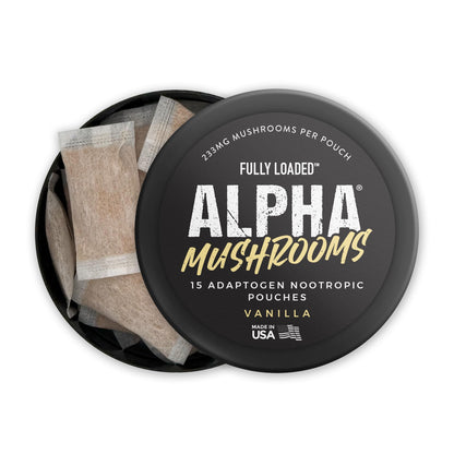 Fully Loaded Alpha Mushroom Pouches - Adaptogen Nootropic Pouches (5-Pack, Vanilla) - Lion's Mane, Cordyceps, & Chaga - 5 cans, 15 Pouches per can - Functional Mushrooms - Made in the USA Fully Loaded BullseyeBuy Supplements Australia