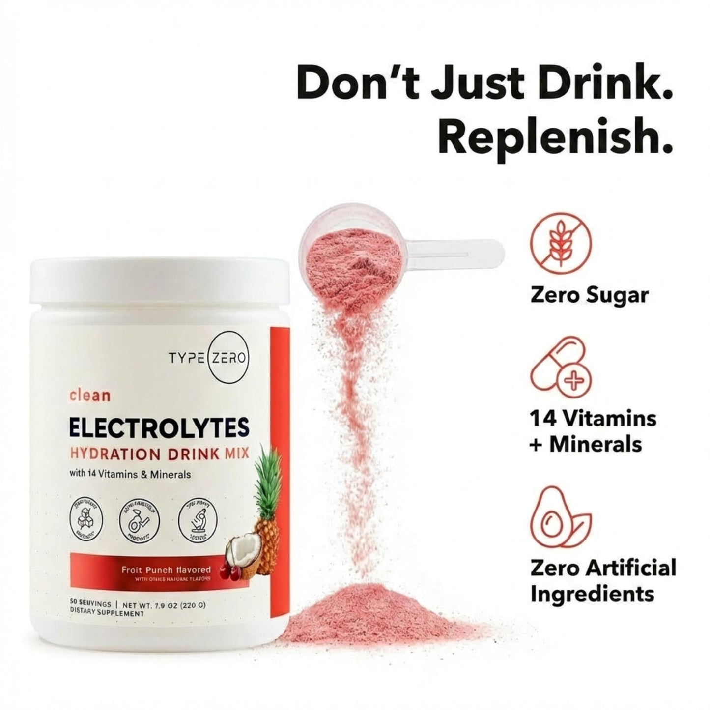 Type Zero Clean Electrolytes Hydration Powder Drink Mix + 14 Essential Vitamins & Minerals - Sugar Free, Zero Artificial Ingredients - Fruit Punch, 50 Servings Type ZeroBuy Supplements Australia