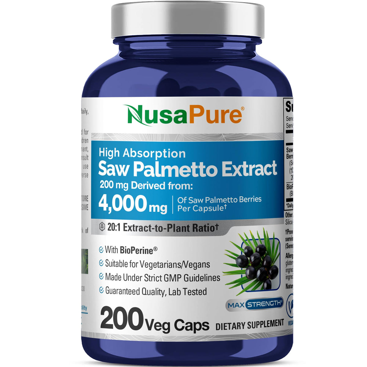 NusaPure Saw Palmetto 20:1 Extract, 200 mg Equivalent to 4,000 mg per Veggie Caps 200 Count Non-GMO, Vegan, Vegetarian, Bioperine NusaPureBuy Supplements Australia