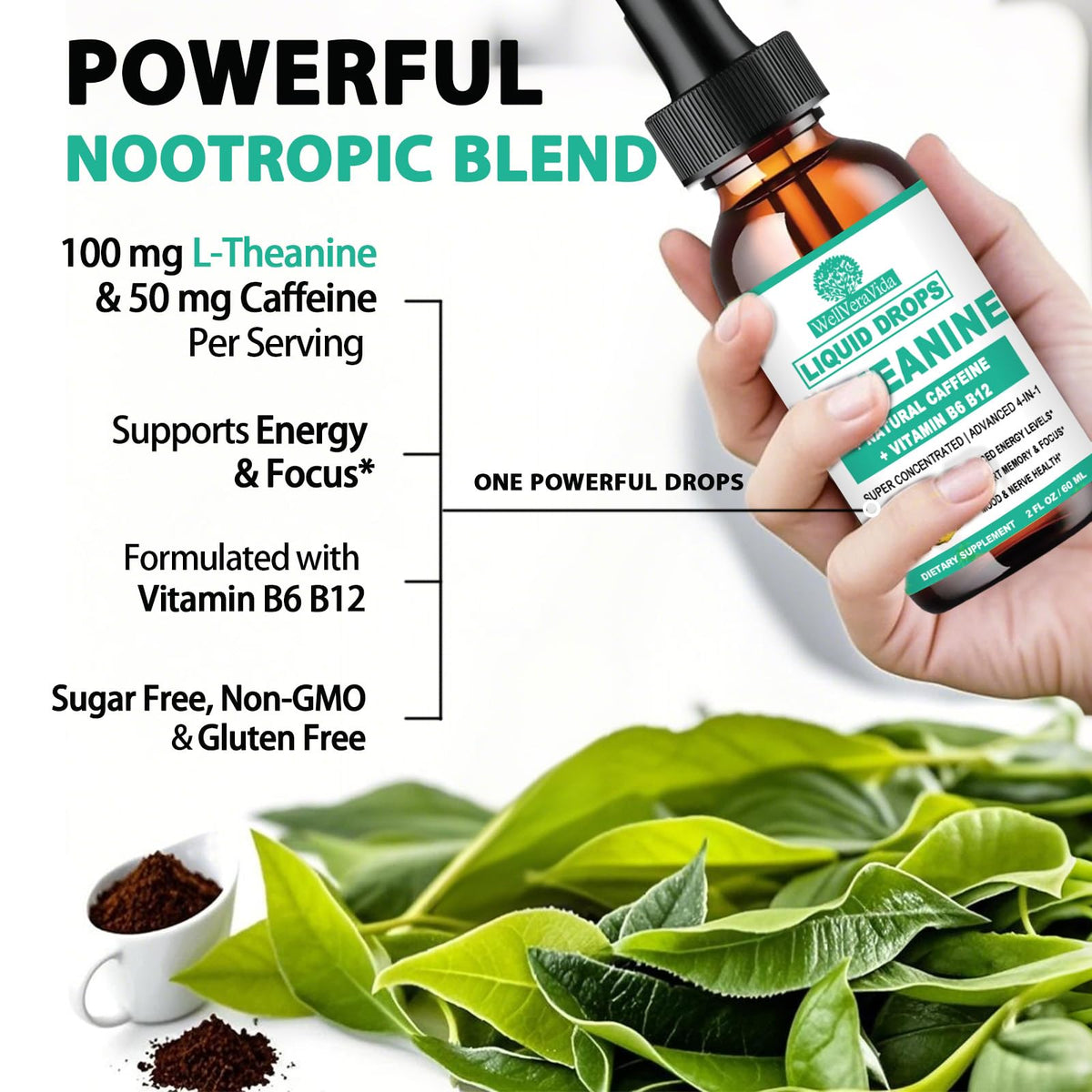 L Theanine Caffeine Liquid Drops, High Potency L-Theanine 100mg w. Caffeine Vitamin B12 B6, Natural Nootropic Brain for Smooth Energy Focus Alertness, 6X Stronger Than Pills Powder Gum WellVeraVidaBuy Supplements Australia