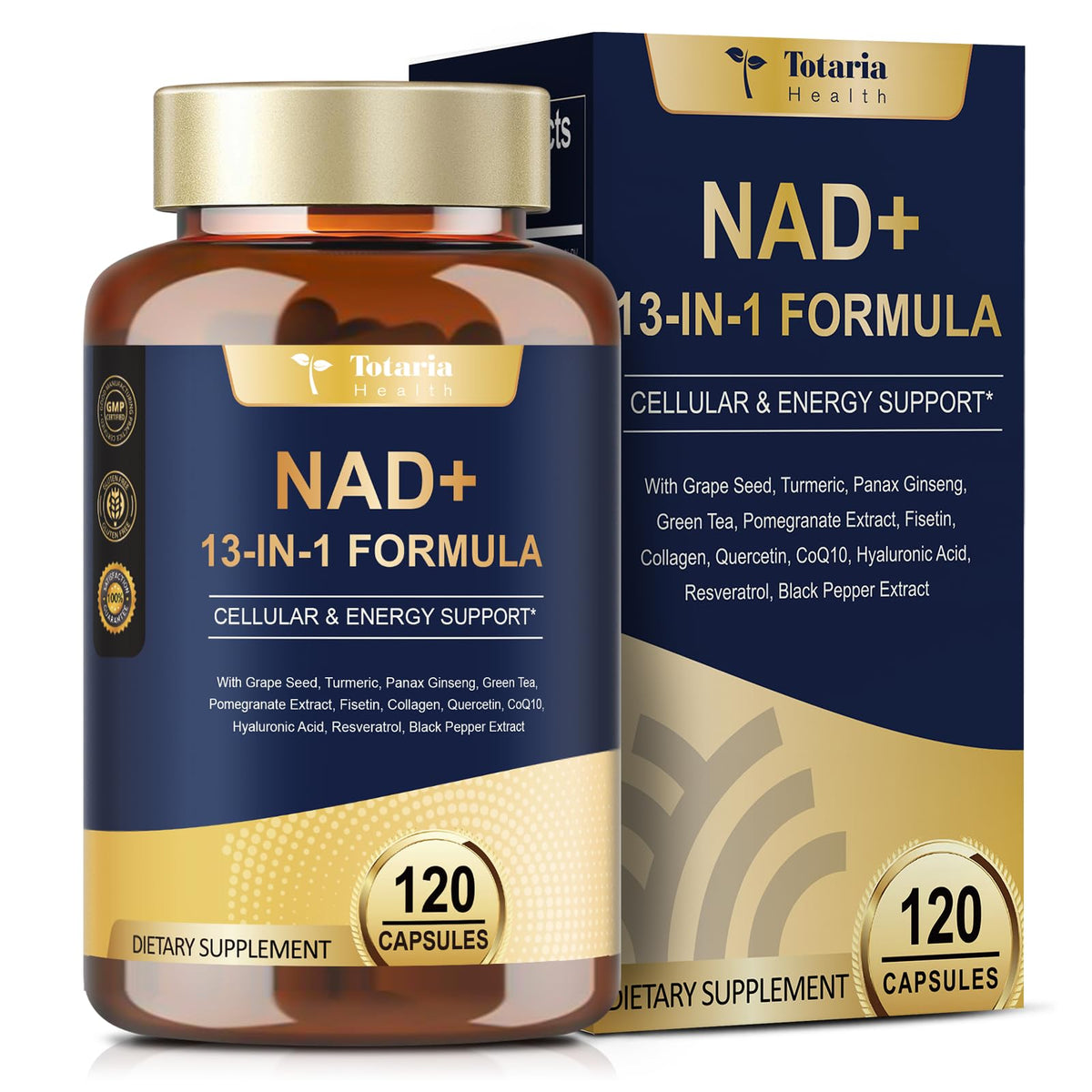NAD+ dietary supplement bottle and packaging with 'Totaria Health' branding on a white background.