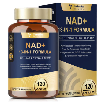 NAD+ dietary supplement bottle and packaging with 'Totaria Health' branding on a white background.