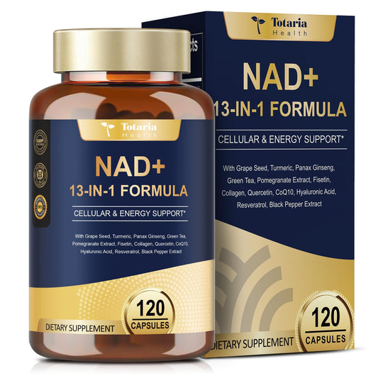 NAD+ dietary supplement bottle and packaging with 'Totaria Health' branding on a white background.