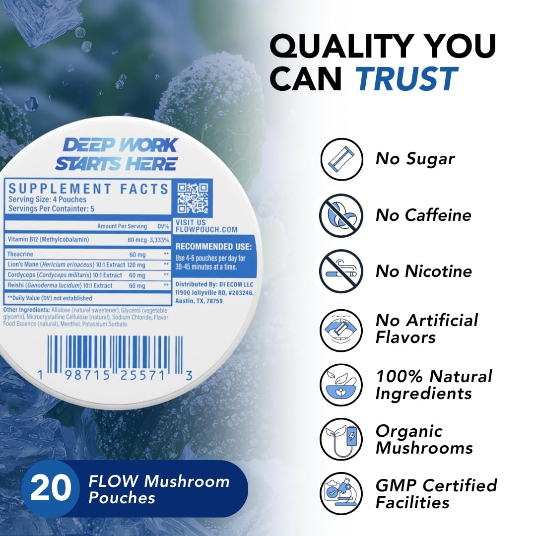 Flow Pouches Mushroom Nootropic Pouches - 600mg Organic Mushroom Energy Ultra Pouches with Lion's Mane, Reishi, Cordyceps for Focus & Clean Energy - Zero Caffeine or Sugar (5 Can Pack, Cool Mint) Flow PouchesBuy Supplements Australia