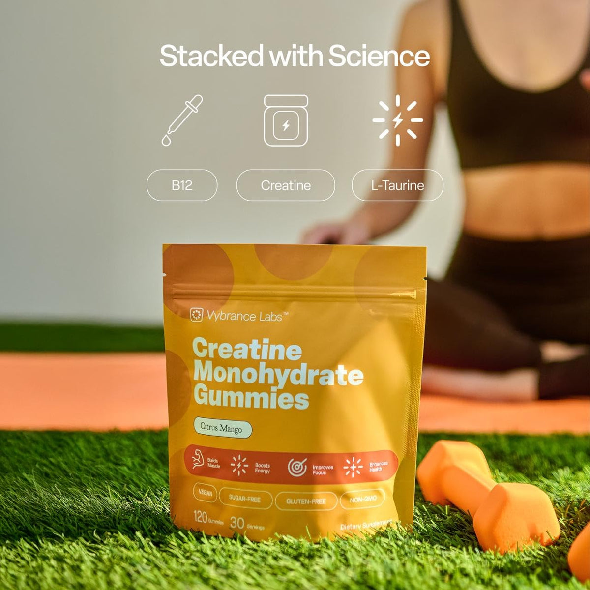 VYBRANCE LABS Creapure Creatine Gummies 5g + Taurine & B12 - Sugar-Free, Vegan, Gluten-Free - Citrus Mango - 120 Count (30 Servings) for Strength, Energy & Focus VYBRANCE LABSBuy Supplements Australia